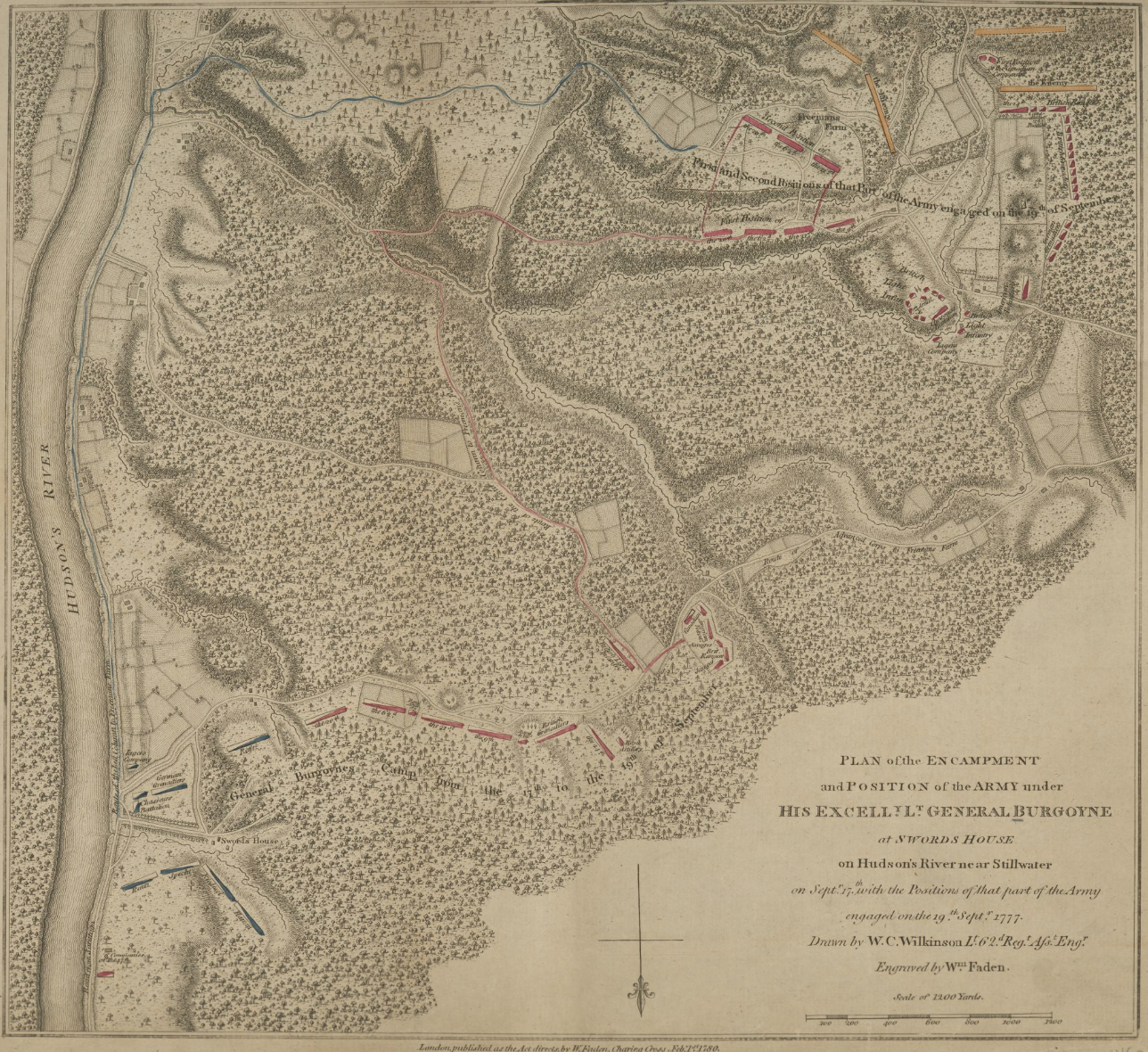 Wilkinson, William Cumberland. Plan of the encampment and position of the army under His Excelly. Lt. General Burgoyne at Swords House on Hudson’s River near Stillwater on Septr. 17th with the positions of that part of the army engaged on the 19th Septr. London, W. Faden, 1780. Map. Library of Congress.